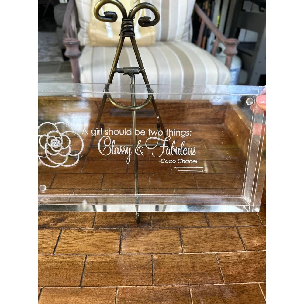 Hotel Balfour Coco Chanel Quote Acrylic Vanity Tray etched Clear lucite VGUC